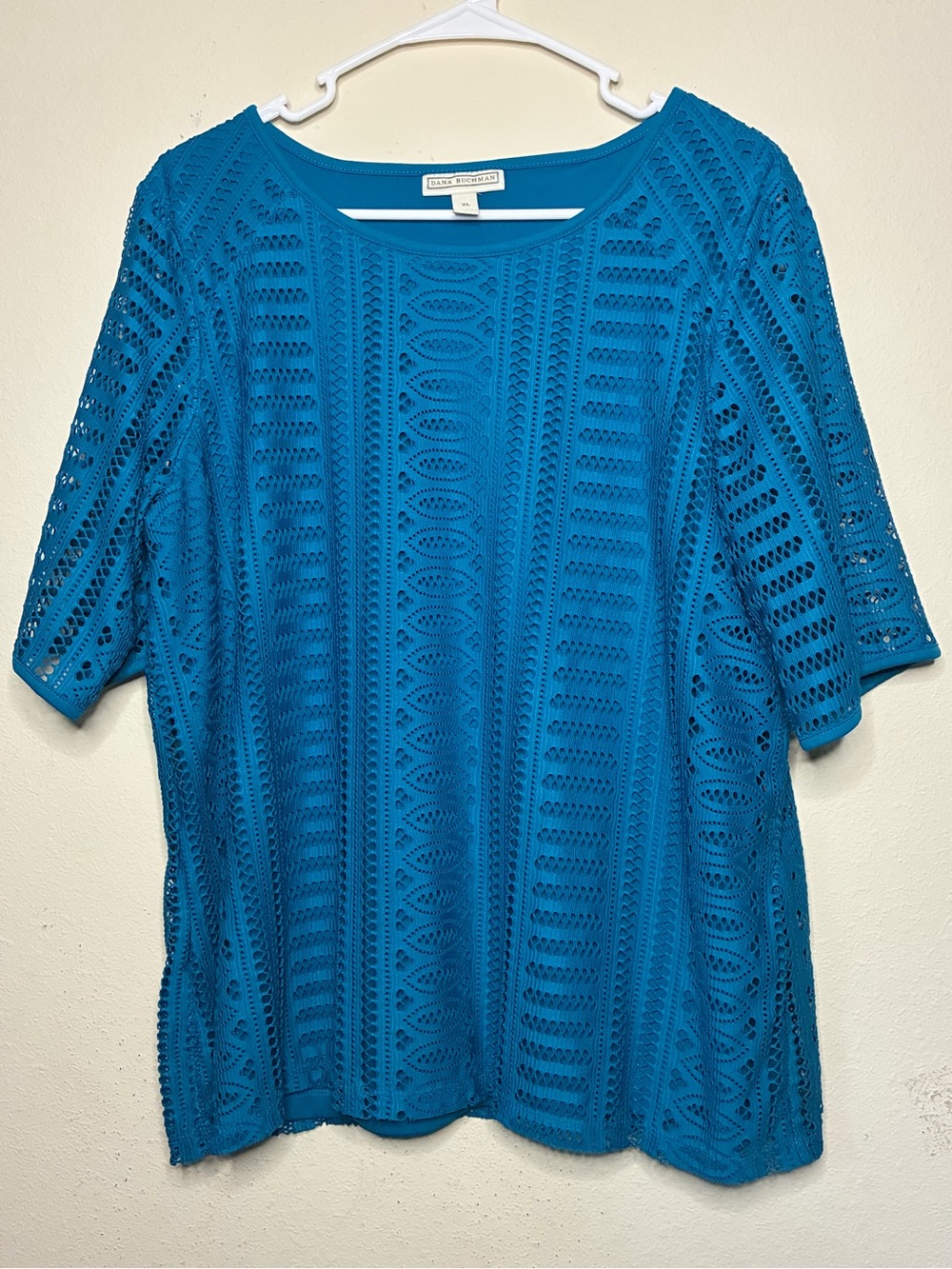 Dana Buchman XL Women's Solid Blue Fishnet Mesh Overlay Top Blouse
